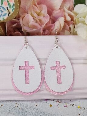 White Teardrop Earrings with Pink Glitter Cross Cutout